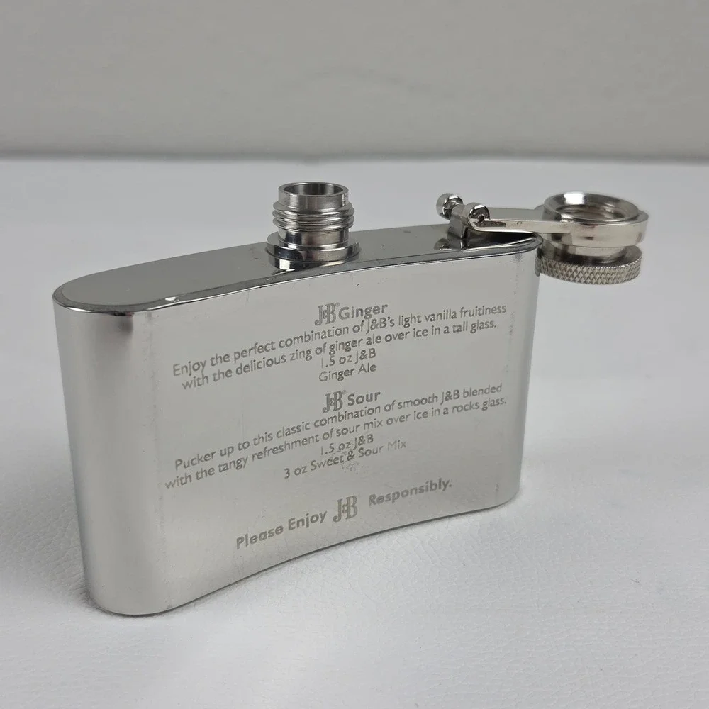 Vintage 2002 J&B Scotch Whisky Hip Flask Silver Stainless Steel w/ Recipes 2002